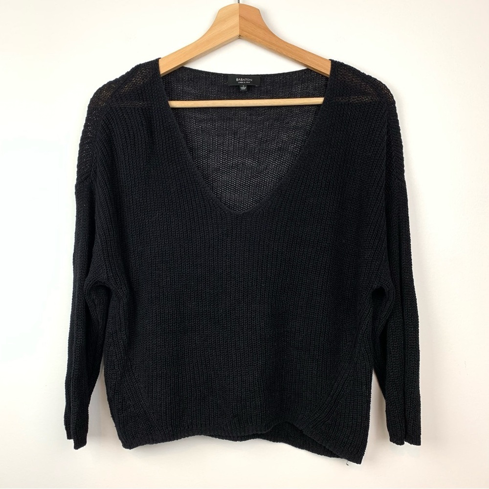 Babaton Knit Sweater Silk Linen Sz Small Black Long Sleeve V Neck See Through